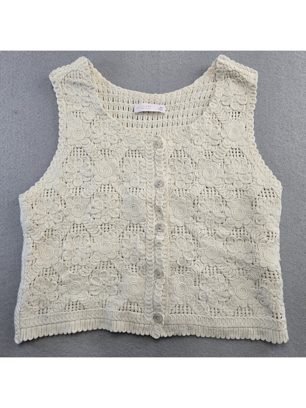 LC Lauren Conrad Crochet Sweater Vest Womens XS Cream Cotton Button Front NWOT